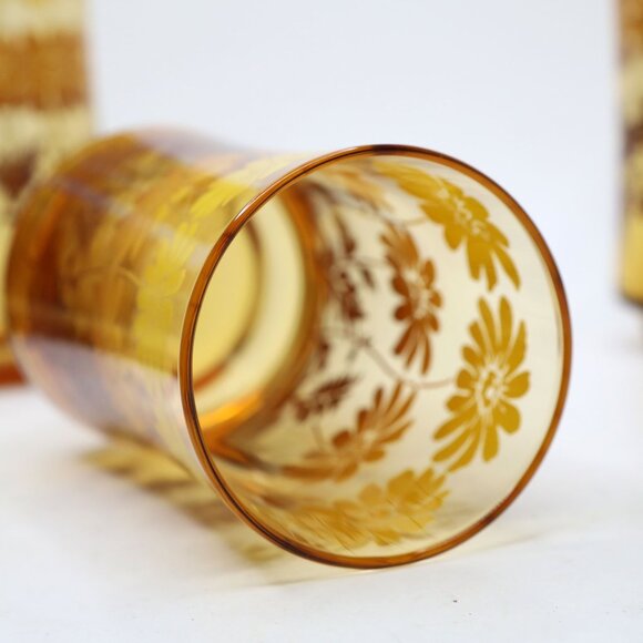 Vintage Libbey Amber Glass Daisy Drinking Glasses Cups 70s Yellow Brown x 5 - Picture 7 of 11